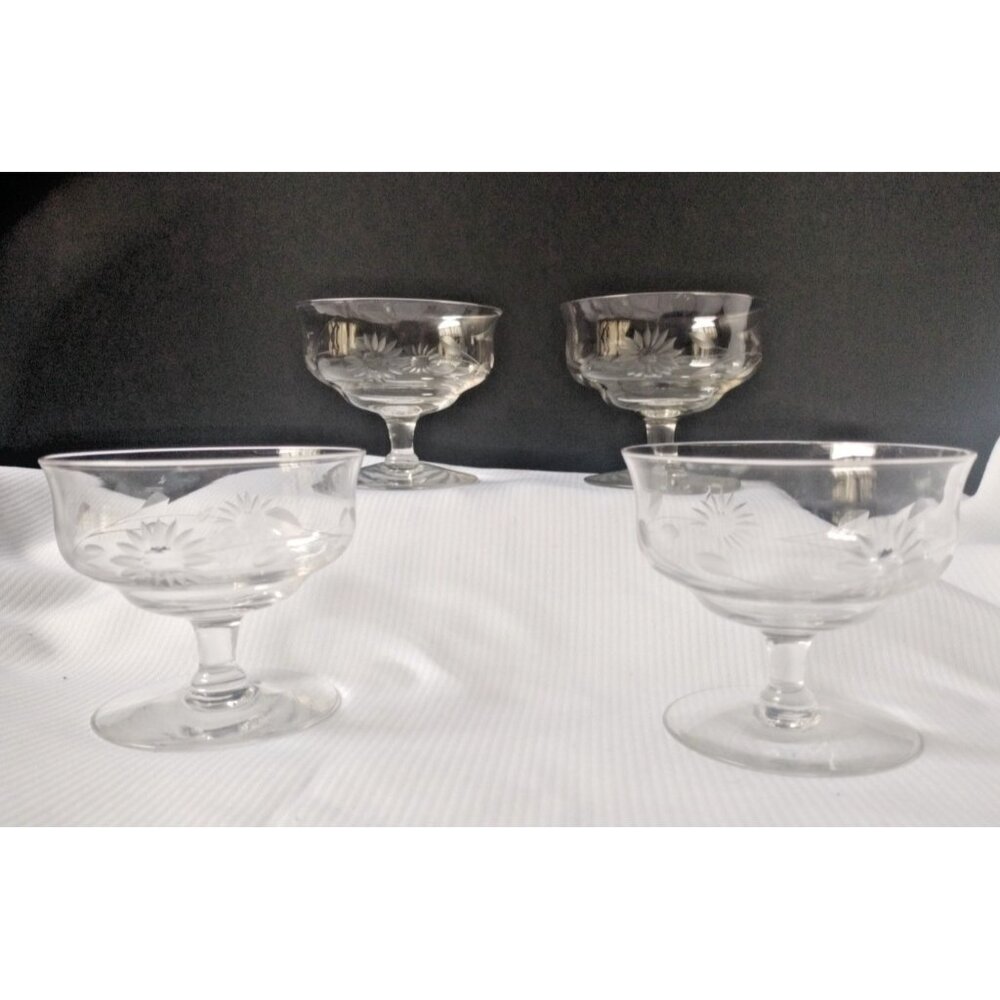 4 Vintage Stemmed Floral Etched low Sherbet  goblets 3"1/4x3"5/8